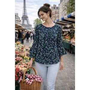 MICHAEL KORS Top M Boho Witchy Ruffled Peasant Bell Sleeve Knit Shirt Blue